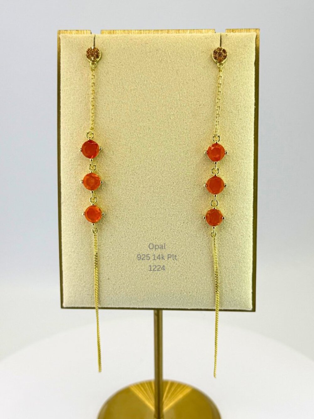 Natural Orange Opal Threader Dangle Earrings 925 Sterling Silver 14K Gold Plated